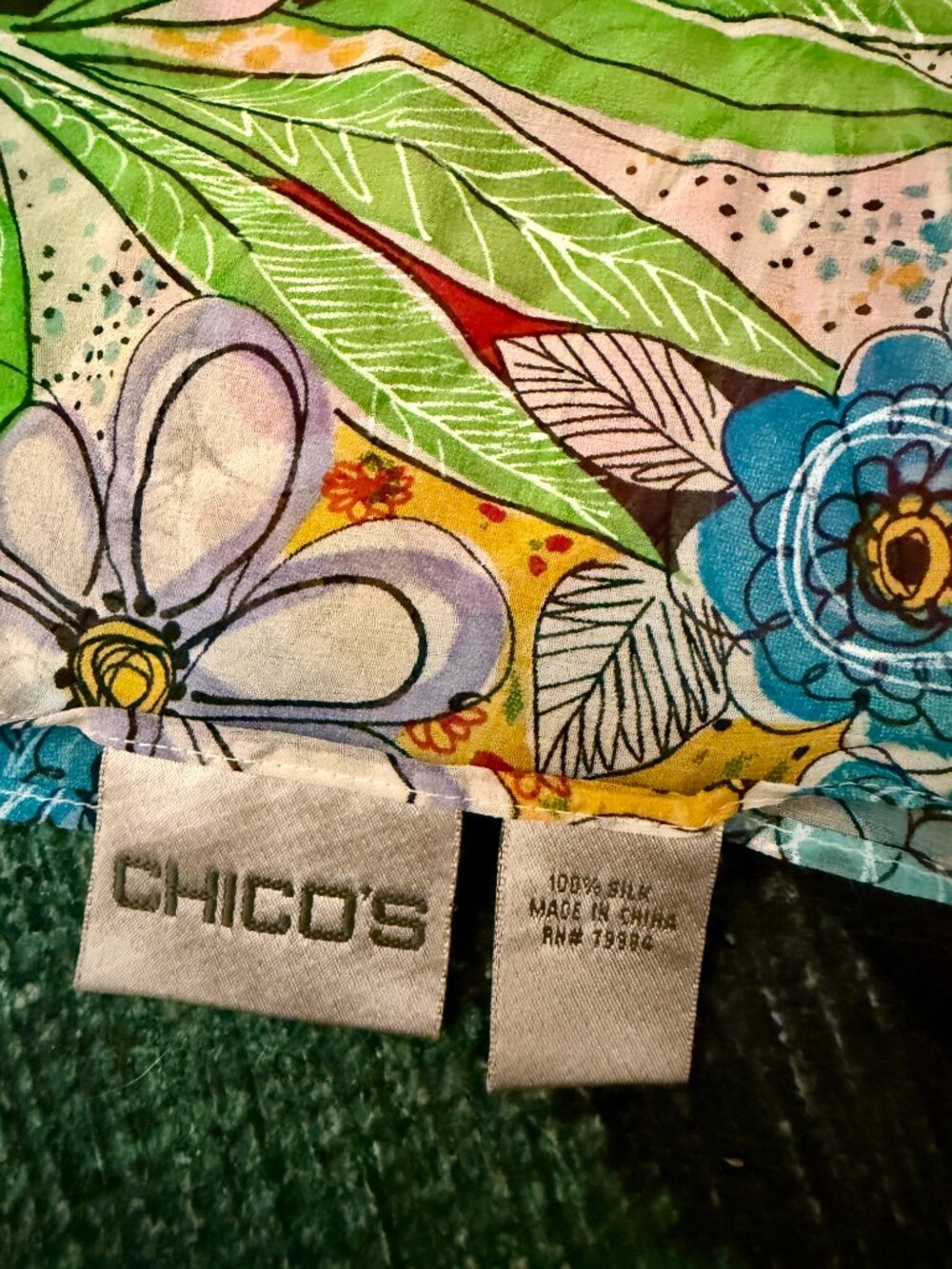 Chico’s 100% Silk Scarf Colorful Floral Botanical Print - Picture 5 of 5